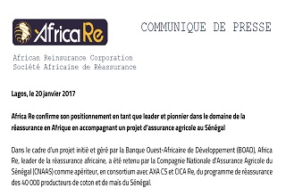 Africa RE confirme son positionnement en tant que leader et pionnier dans le domaine de la réassurance en Afrique en accompagnant un projet d’assurance agricole au Sénégal
